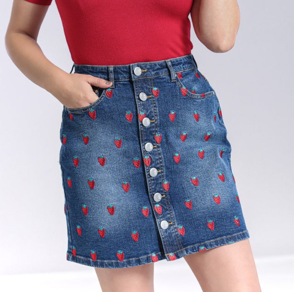 HellBunny Strawberry Denim Mini Skirt size M